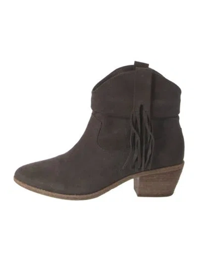 Pre-owned Joie Suede Fringe Trim Accent Western Boots In Brown