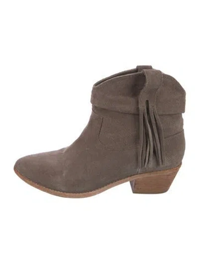 Pre-owned Joie Suede Fringe Trim Accent Western Boots In Gray