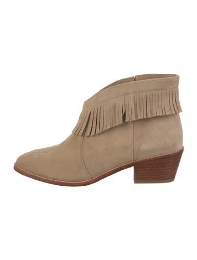 Pre-owned Joie Suede Fringe Trim Accent Western Boots In Neutral