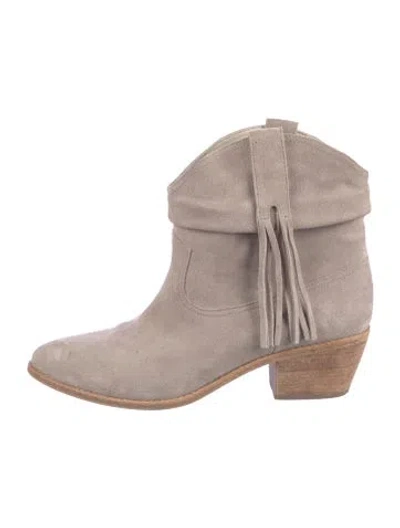 Pre-owned Joie Suede Fringe Trim Accent Western Boots In Pink