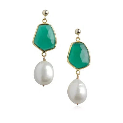 Jojo Harris Women's Green / Gold Etta Green Agate, Baroque Pearl Earrings