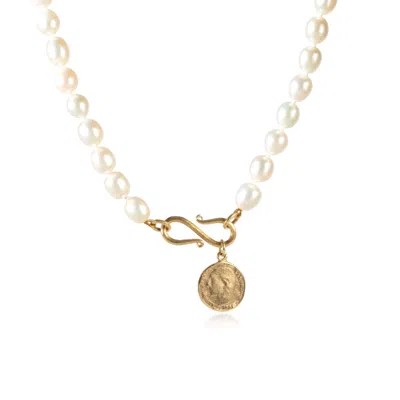 Jojo Harris Women's White / Gold Helena Freshwater Pearl Necklace With Gold Coin.