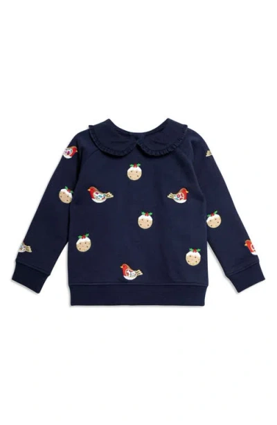 Jojo Maman Bébé Babies' Jojo Maman Bebe Christmas Pudding Appliqué Collared Cotton Graphic Sweatshirt In Navy