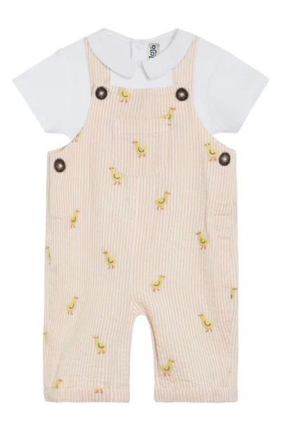 Jojo Maman Bébé Babies' Jojo Maman Bebe Cotton Bodysuit & Chick Embroidered Seersucker Overalls Set In Yellow