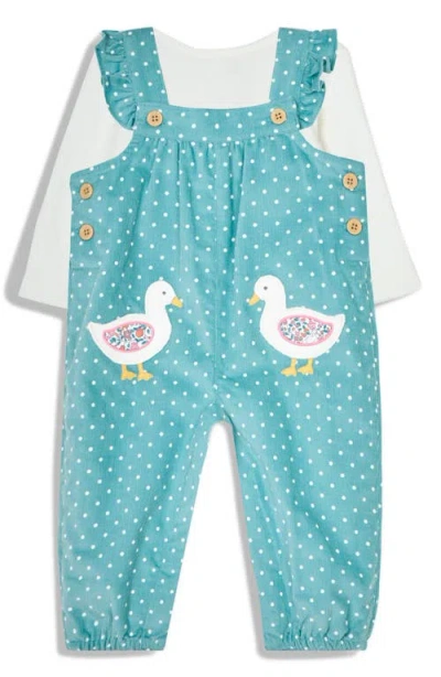 Jojo Maman Bébé Babies' Jojo Maman Bebe Duck Appliqué Dot Print Corduroy Overalls & Pointelle T-shirt Set In Duck Egg