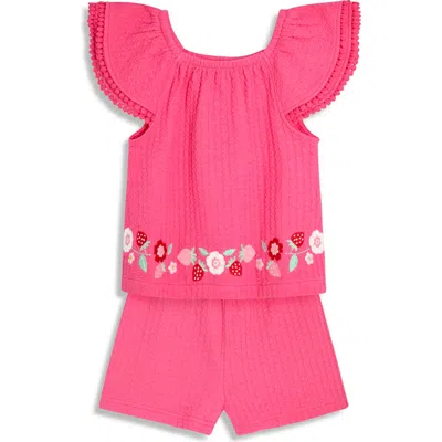 Jojo Maman Bébé Babies' Jojo Maman Bebe Embroidered Frill Sleeve T-shirt & Shorts Set In Pink