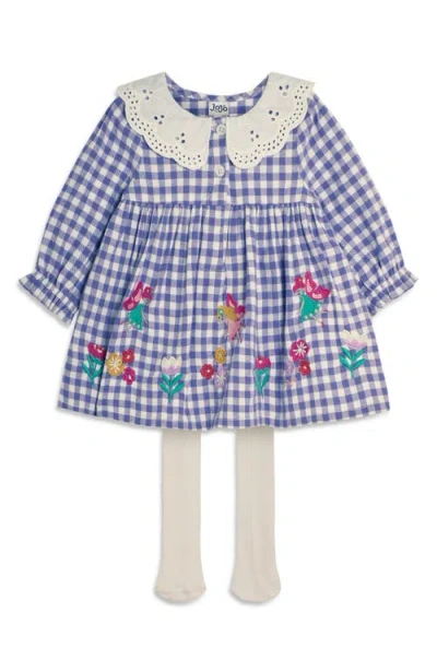 Jojo Maman Bébé Babies' Jojo Maman Bebe Fairy Appliqué Long Sleeve Cotton Gingham Dress & Tights Set In Lilac