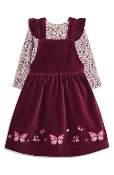 Jojo Maman Bébé Babies' Jojo Maman Bebe Floral Print Top & Butterfly Appliqué Corduroy Pinefore Set In Plum