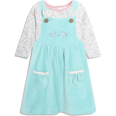 Jojo Maman Bébé Babies' Jojo Maman Bebe Floral Print Top & Mouse Embroidered Corduroy Dress In Duck Egg