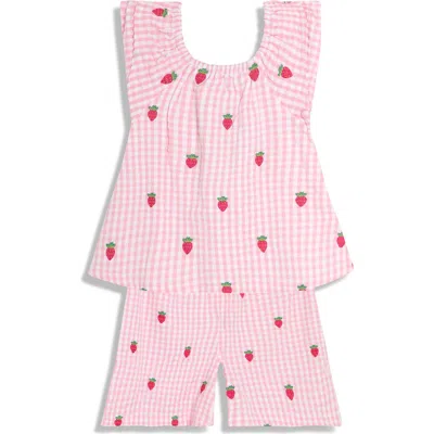 Jojo Maman Bébé Babies' Jojo Maman Bebe Gingham Check Strawberry Embroidered Cotton Seersucker Top & Shorts Set In Pink