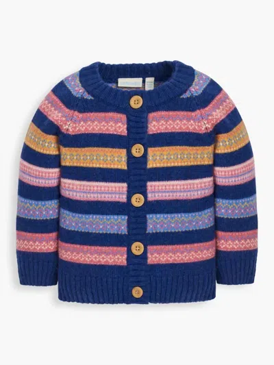 Jojo Maman Bébé Kids' Girl's Stripe Fair Isle Cardigan In Navy In Blue