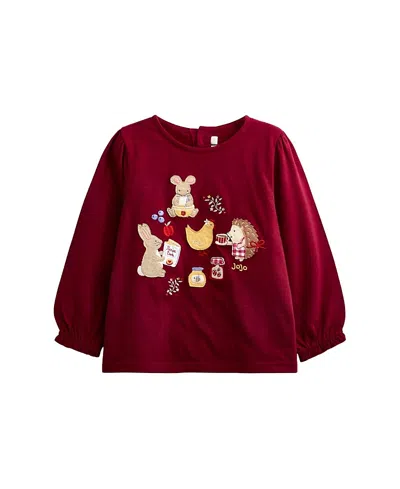 Jojo Maman Bébé Jojo Maman Bebe Girls' Long Sleeve Applique Button Back Top - Baby, Little Kid In Burgundy