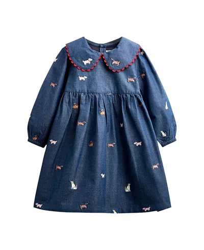 Jojo Maman Bébé Jojo Maman Bebe Girls' Long Sleeve Embroidered Chambray Dress - Baby, Little Kid In Blue