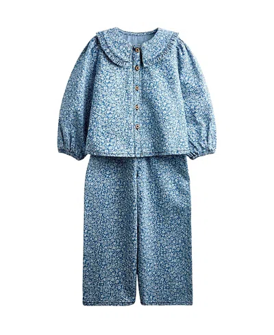 Jojo Maman Bébé Jojo Maman Bebe Girls' Printed Denim Shirt And Trouser Set - Baby, Little Kid In Blue