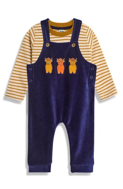 Jojo Maman Bébé Babies' Jojo Maman Bebe Highland Cow Appliqué Long Sleeve T-shirt & Overalls Set In Navy