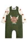 Jojo Maman Bébé Jojo Maman Bebe Highland Cow Print T-shirt & Appliqué Overalls Set In Green