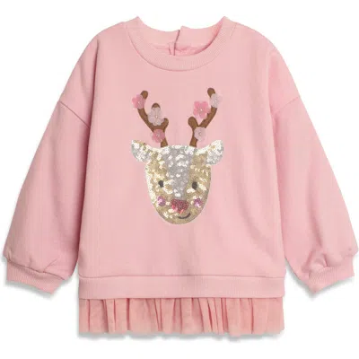 Jojo Maman Bébé Babies' Jojo Maman Bebe Holiday Reindeer Tulle Accent Cotton Graphic Sweatshirt In Pink