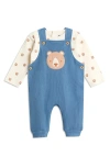 Jojo Maman Bébé Jojo Maman Bebe Long Sleeve Bodysuit & Bear Appliqué Waffle Knit Overalls Set In Blue