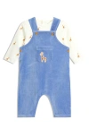 Jojo Maman Bébé Jojo Maman Bebe Long Sleeve Bodysuit & Embroidered Giraffe Rib Velour Overalls Set In Blue