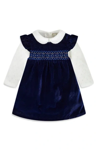 Jojo Maman Bébé Babies' Jojo Maman Bebe Long Sleeve Pointelle Bodysuit And Embroidered Velvet Dress Set In Blue