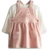 Jojo Maman Bébé Jojo Maman Bebe Long Sleeve Pointelle Knit Bodysuit & Bunny Corduroy Pinafore Dress Set In Pink