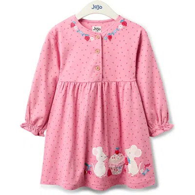 Jojo Maman Bébé Babies' Jojo Maman Bebe Mouse Embroidered Long Sleeve Cotton Dress In Pink