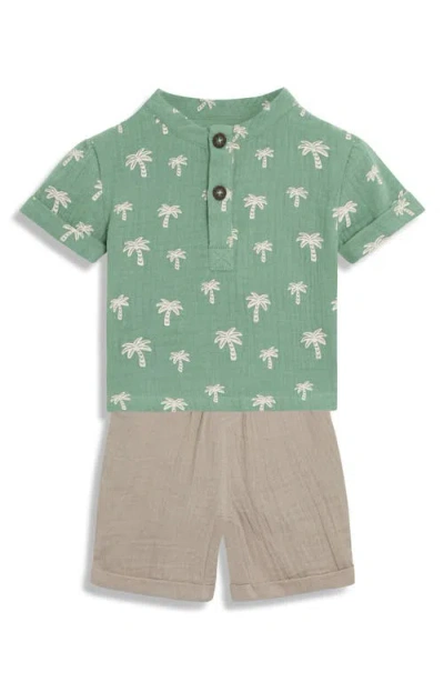 Jojo Maman Bébé Babies' Jojo Maman Bebe Palm Tree Cotton Gauze Henley & Shorts Set In Green