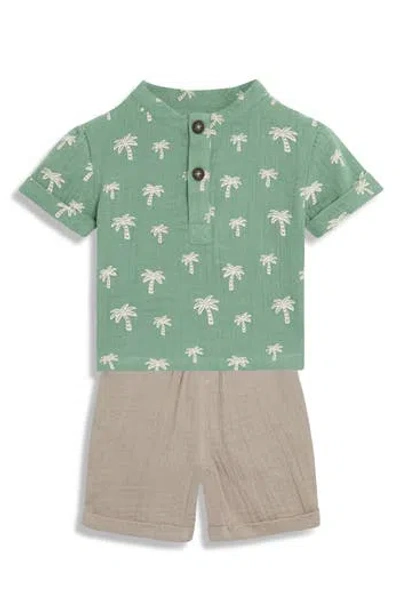 Jojo Maman Bébé Babies' Jojo Maman Bebe Palm Tree Cotton Gauze Henley & Shorts Set In Khaki