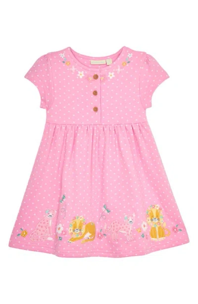 Jojo Maman Bébé Babies' Polka Dot Cats Appliqué Cotton Dress In Pink