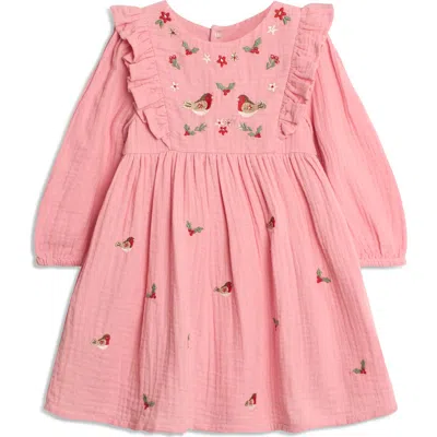 Jojo Maman Bébé Babies' Jojo Maman Bebe Robin Holiday Embroidered Long Sleeve Cotton Gauze Dress In Pink