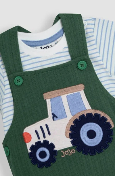 Jojo Maman Bébé Babies' Jojo Maman Bebe Stripe Cotton T-shirt & Tractor Appliqué Shortalls Set In Khaki