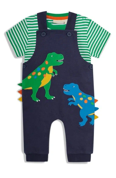 Jojo Maman Bébé Babies' Stripe T-shirt & T-rex Overalls Set In Navy