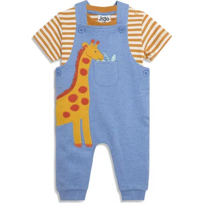 Jojo Maman Bébé Babies' Jojo Maman Bebe Stripe T-shirt & Tractor Appliqué Overalls Set In Blue