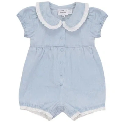 Jolie Capri Babies'  Denim Cotton Eyelet Lace Trim Puff Sleeve Romper In Blue