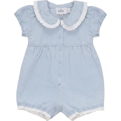 Jolie Capri Babies'  Denim Eyelet Lace Puff Sleeve Romper In Blue