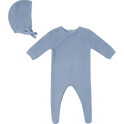 Jolie Capri Babies'  Fake Wrap Decorative Stitching Footed Romper With Matching Bonnet In Blue