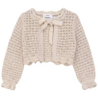 Jolie Capri Kids'  Girl Double Breasted Bow Tie Neckline Scallop Edge Cardigan In Neutral