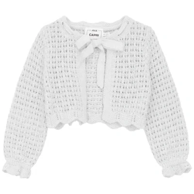 Jolie Capri Kids'  Girl Double Breasted Bow Tie Neckline Scallop Edge Cardigan In White