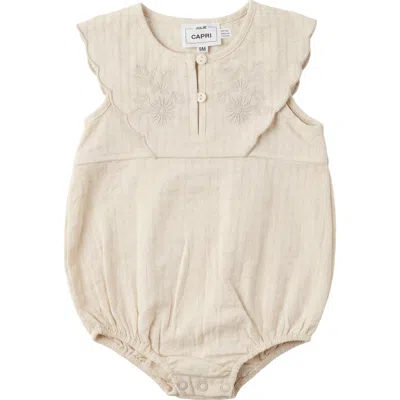 Jolie Capri Babies'  Girl Double Breasted Scalloped Embroidered Yoke Linen Romper In Neutral