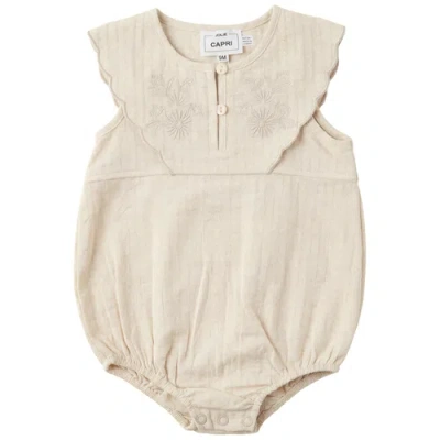 Jolie Capri Babies'  Girl Double Breasted Scalloped Embroidered Yoke Linen Romper In Neutral
