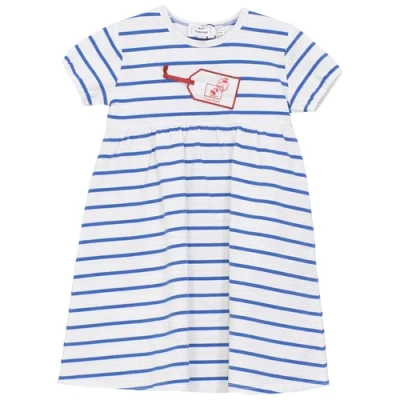 Jolie Capri Kids'  Striped Tag Applique Stretch Cotton Gathered Waist Dress In Blue