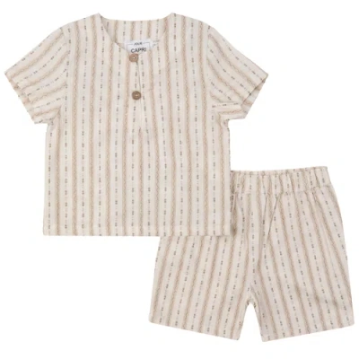 Jolie Capri Babies'  Striped Woven Button Shirt And Elastic Waist Shorts Set In Neutral