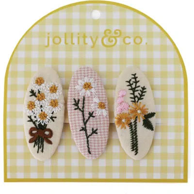 Jollity & Co . Embroidered Floral Hair Clips In Pink