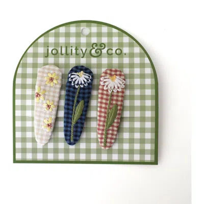 Jollity & Co . Embroidered Floral Hair Clips In Pink