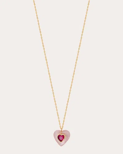 Jolly Bijou Women's Heart 14k Gold Rose Quartz And Tourmaline Pendant Necklace In Red