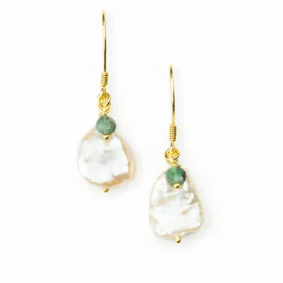 Jollz Jewellery Women's Gold Vermeil  Keshi Pearl & Emerald Wire Earrings