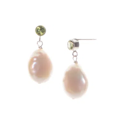 Jollz Jewellery Women's Green / Silver / White Sterling Silver Peridot And Baroque Pearl Earrings In Multi