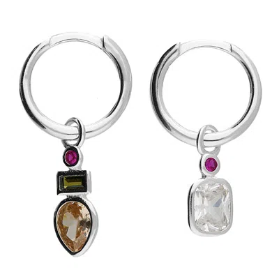 Jollz Jewellery Women's Silver Asymmetric Multicolour Huggie Hoop
