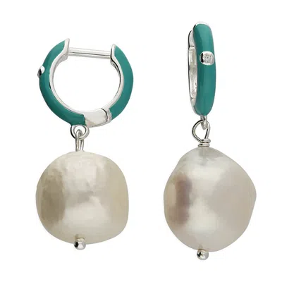 Jollz Jewellery Women's Silver / Blue Pearl & Turquoise Enamel Huggie Hoop