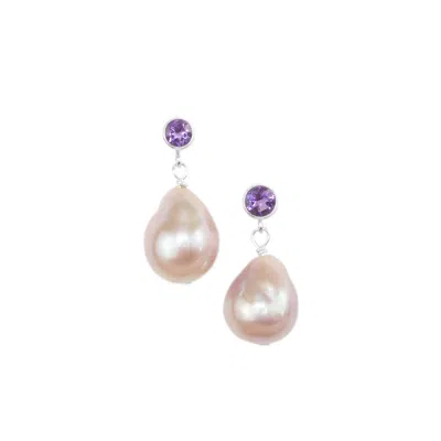 Jollz Jewellery Women's Sterling Silver Amethyst & Baroque Pearl Earrings